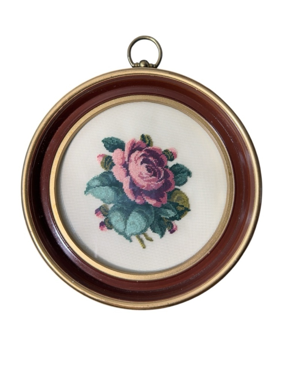 Vintage Petit Point Needlework Floral Rose Art Round Frame 7"